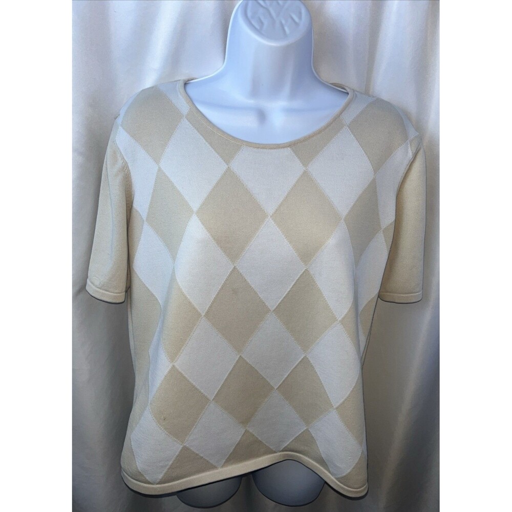 Vintage Casual Corner Women’s Beige Argyle Diamond Sweater Size XL Retro Preppy